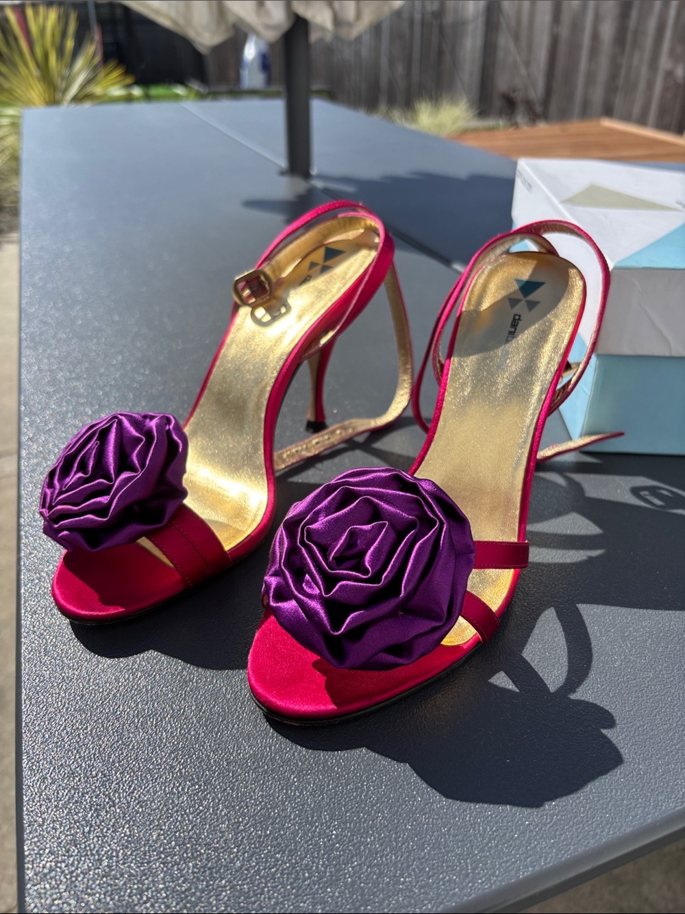 Fuchsia Satin Slingback Heels with Purple Rosette by